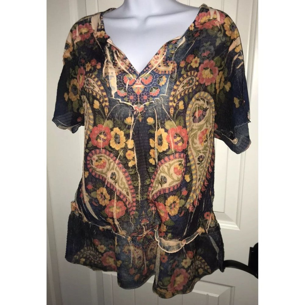 One World Live And Let Live Top Flutter Pullover Sz SMALL Navy Blue Peach EUC